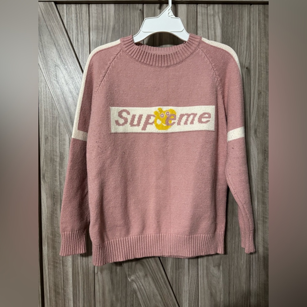 Pink and Cream Women's Crew Neck Sweater